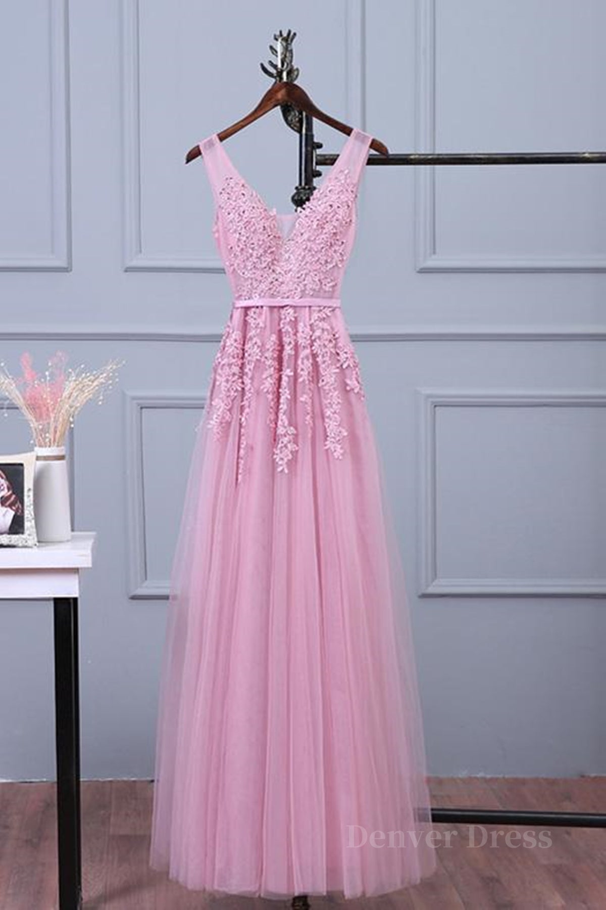 kamahe V Neck Pink Lace Prom Dresses, Pink V Neck Lace Bridesmaid Formal Dresses