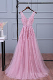 kamahe V Neck Pink Lace Prom Dresses, Pink V Neck Lace Bridesmaid Formal Dresses