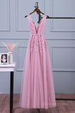 kamahe V Neck Pink Lace Prom Dresses, Pink V Neck Lace Bridesmaid Formal Dresses