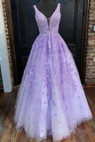 kamahe V Neck Purple Lace Long Prom Dress, Long Purple Lace Formal Dress, Lilac Lace Evening Dress