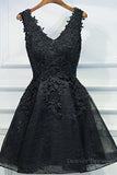 kamahe V Neck Short Black Lace Prom Dresses, Black Lace Homecoming Dresses, Short Black Formal Evening Dresses