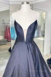 kamahe V Neck Strapless Black Satin Long Prom Dresses, Strapless Black Formal Dresses, Long Black Evening Dresses