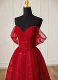 solvbao Wine Red Tulle Sweetheart Off Shoulder Prom Dress, Wine Red Long Party Dress