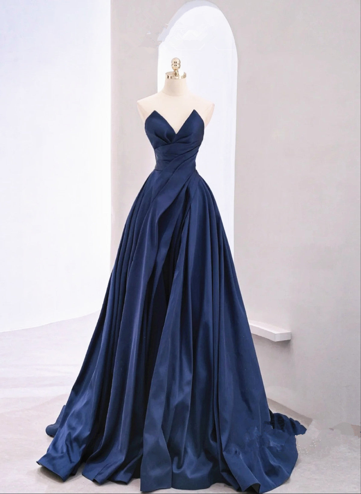 solvbao A-line Navy Blue Satin Long Party Dress Prom Dress, Navy Blue Evening Gowns