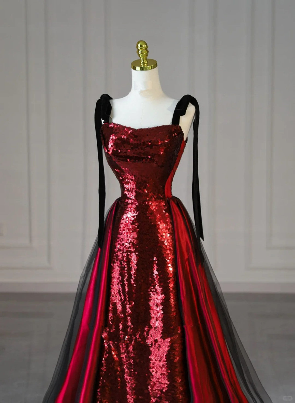 solvbao Wine Red Sequins with Black Tulle Straps Long Party Dress, Wine Red Sequins Prom Dress