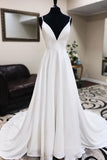 kamahe White v neck chiffon long prom dress, white lace evening dress