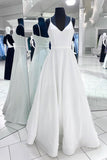 kamahe White v neck satin long prom dress white evening dress