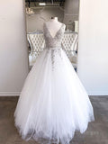 kamahe White v neck tulle beads sequin long prom dress white evening dress