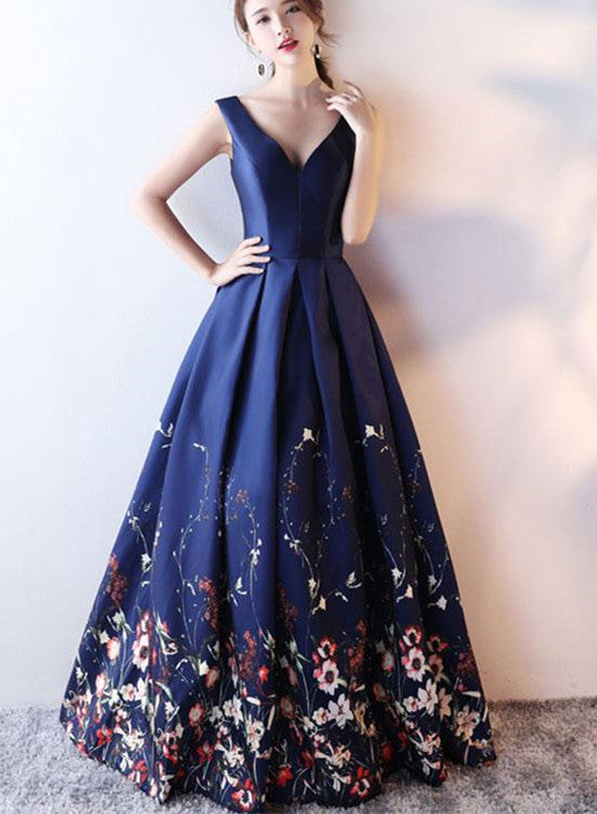 solvbao Navy Blue Satin and Floral Floor Length Party Gowns, Prom Dresses  Formal Gowns