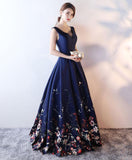 solvbao Navy Blue Satin and Floral Floor Length Party Gowns, Prom Dresses  Formal Gowns