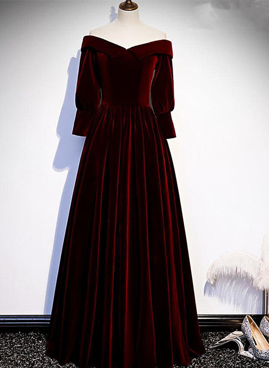 Solvbao Chic Off Shoulder Long Sleeves Velvet Party Dress,  Wine Red Prom Dress Evening Dress