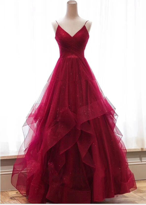 Solvbao Wine Red Straps Layers V-neckline Long Prom Dress, Dark Red Evening Gown