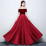 Solvbao Wine Red Satin with Velvet Prom Dress, Off Shoulder A-line Formal Dress Evening Dress