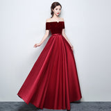 Solvbao Wine Red Satin with Velvet Prom Dress, Off Shoulder A-line Formal Dress Evening Dress