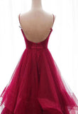 Solvbao Wine Red Straps Layers V-neckline Long Prom Dress, Dark Red Evening Gown