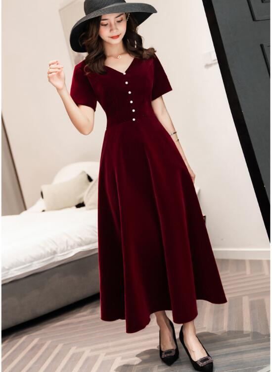 Solvbao Wine Red Tea Length Short Sleeves Vintage Style Party Dress, Velvet Bridesmaid Dress