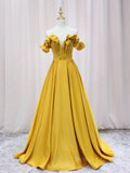 kamahe Yellow A-line Satin Long Prom Dress, Yellow Formal Dress