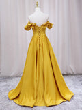 kamahe Yellow A-line Satin Long Prom Dress, Yellow Formal Dress