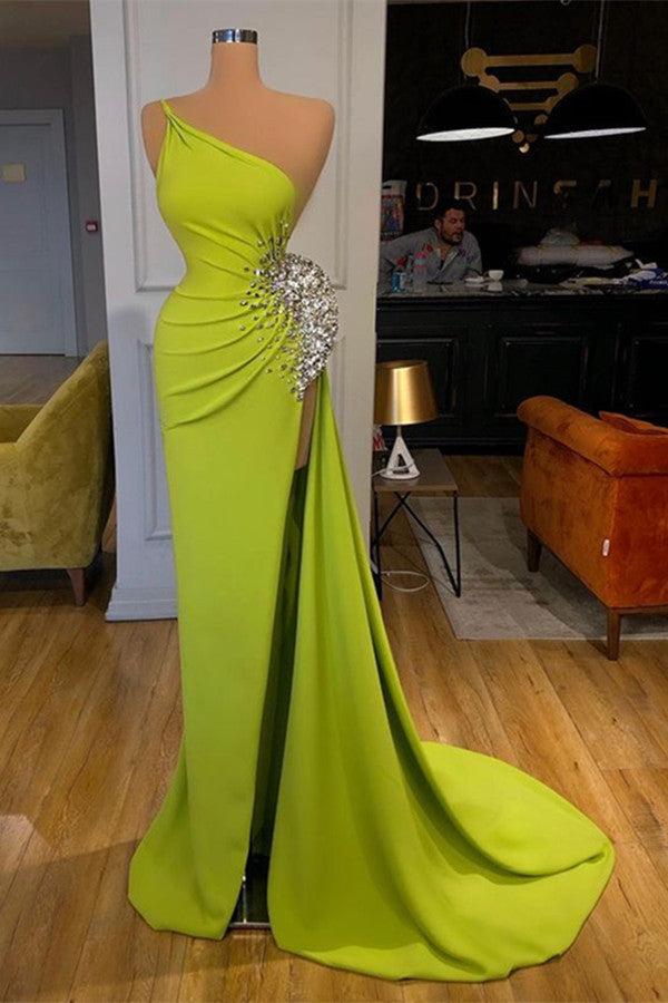 kamahe Yellow Green One Shoulder Mermaid Prom Dress Long Split With Beads