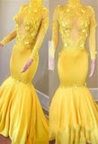 kamahe Yellow High Neck Flower Appliques Mermaid Long Sleevess Prom Dresses