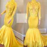 kamahe Yellow High Neck Flower Appliques Mermaid Long Sleevess Prom Dresses