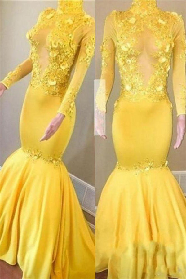 kamahe Yellow High Neck Flower Appliques Mermaid Long Sleevess Prom Dresses