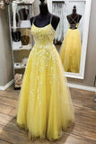 kamahe Yellow Lace Backless A Line Long Prom Dress Open Back Formal Dress Yellow Evening Dress