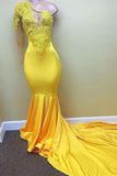 kamahe Yellow one shoulder mermaid prom dress, lace evening dresses