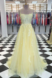 kamahe Yellow tulle lace long prom dress yellow lace formal dress