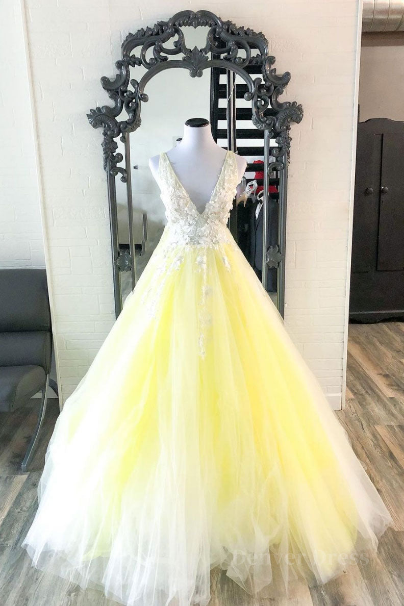 kamahe Yellow v neck tulle lace long prom dress yellow formal dress