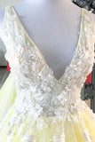 kamahe Yellow v neck tulle lace long prom dress yellow formal dress