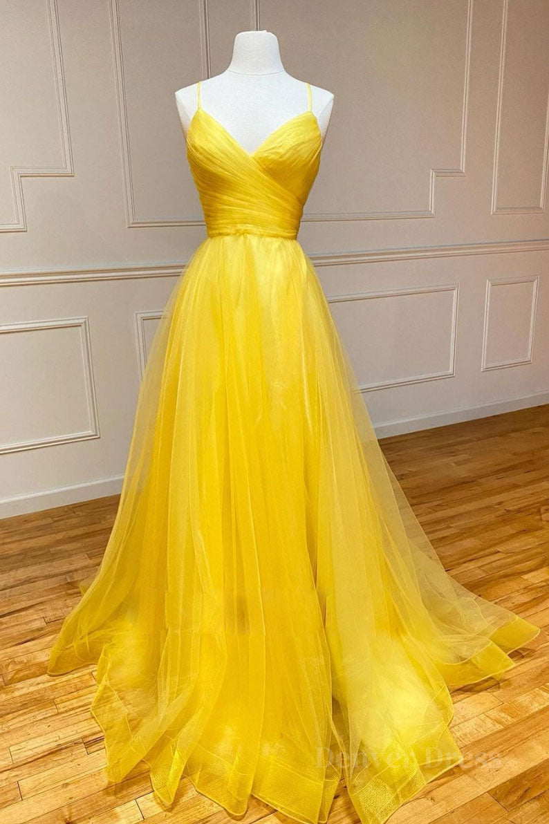 kamahe Yellow v neck tulle long prom dress yellow formal dress