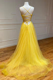 kamahe Yellow v neck tulle long prom dress yellow formal dress