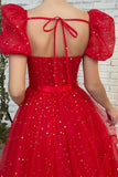 solvbao Red Tulle Short A-Line Prom Dresses, Cute Evening Party Dresses