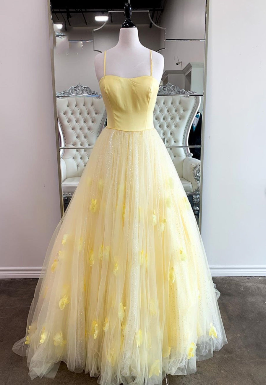 solvbao Yellow Spaghetti Strap Long Prom Dresses, A-Line Evening Dresses