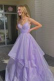 solvbao Purple V-Neck Tulle Long Prom Dresses, A-Line Party Evening Dresses