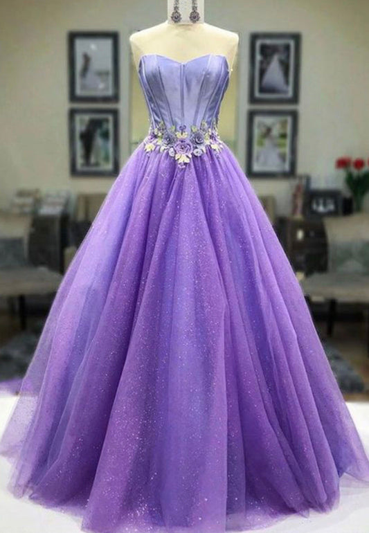 solvbao Purple Strapless Tulle Long Prom Dresses, A-Line Evening Dresses