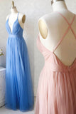 solvbao A-Line Tulle Long Prom Dresses, Simple V-Neck Party Dresses