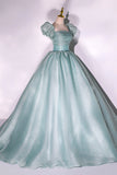 solvbao Green Tulle Floor Length Prom Dress, Lovely Short Sleeve Formal Evening Gown