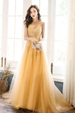 solvbao Yellow Tulle Lace Long Prom Dress, A-Line Evening Party Dress