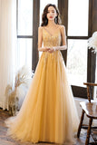 solvbao Yellow Tulle Lace Long Prom Dress, A-Line Evening Party Dress