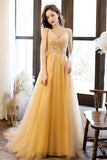 solvbao Yellow Tulle Lace Long Prom Dress, A-Line Evening Party Dress