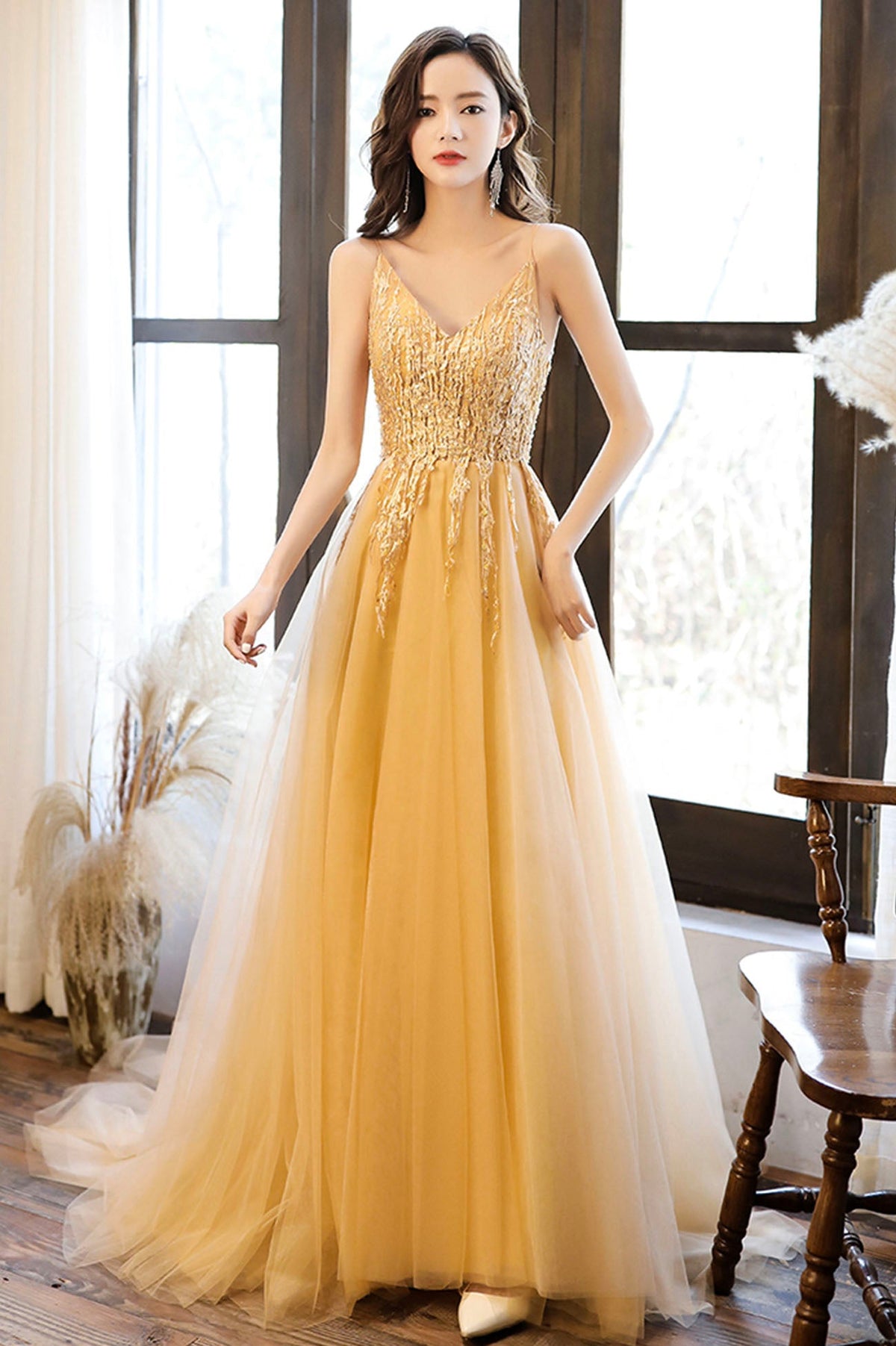 solvbao Yellow Tulle Lace Long Prom Dress, A-Line Evening Party Dress