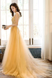 solvbao Yellow Tulle Lace Long Prom Dress, A-Line Evening Party Dress