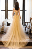 solvbao Yellow Tulle Lace Long Prom Dress, A-Line Evening Party Dress