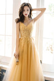 solvbao Yellow Tulle Lace Long Prom Dress, A-Line Evening Party Dress