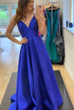 solvbao Blue V-Neck Satin Long Prom Dresses, Simple Evening Party Dresses