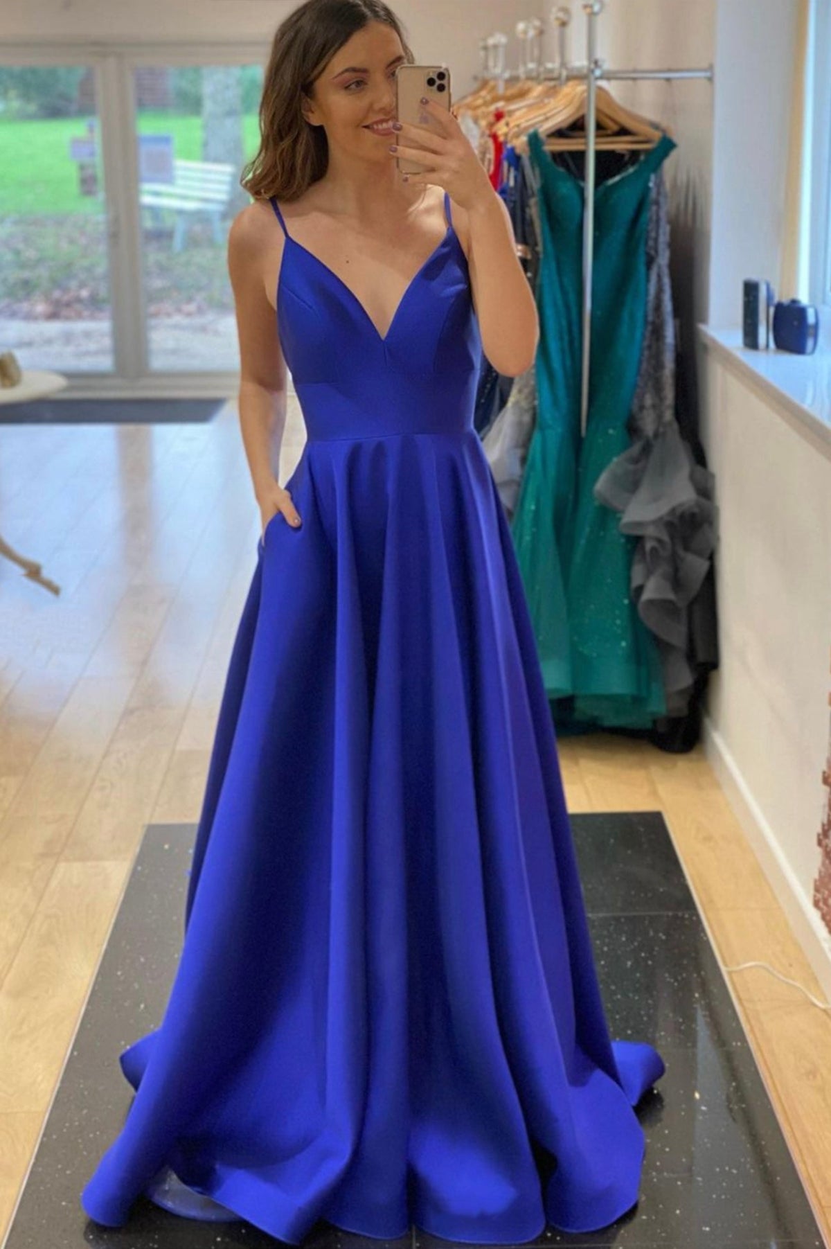 solvbao Blue V-Neck Satin Long Prom Dresses, Simple Evening Party Dresses