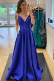 solvbao Blue V-Neck Satin Long Prom Dresses, Simple Evening Party Dresses