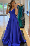 solvbao Blue V-Neck Satin Long Prom Dresses, Simple Evening Party Dresses